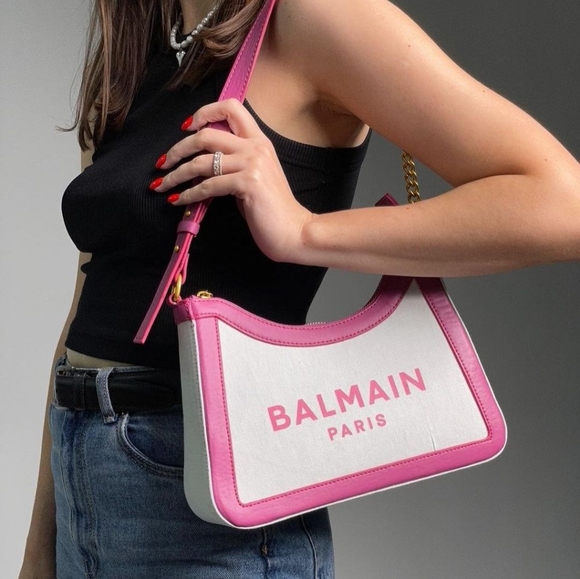 Balmain B-Army Canvas Leather Shoulder Bag White Pink - Picture 2 of 7